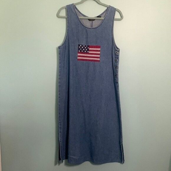 Vintage Agapo Stitched American Flag Denim Dress - Picture 1 of 10